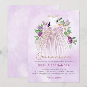 Purple gold glitter Floral Dress Quinceañera Invitation