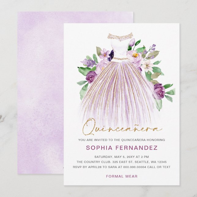 Purple gold glitter Floral Dress Quinceañera Invitation (Front/Back)