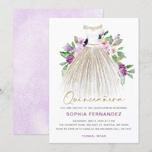 Purple gold glitter Floral Dress Quinceañera Invitation