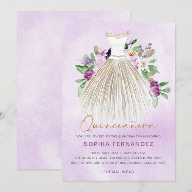 Purple gold glitter Floral Dress Quinceañera Invitation (Front/Back)