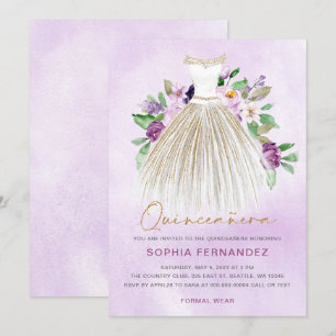 Purple gold glitter Floral Dress Quinceañera Invitation