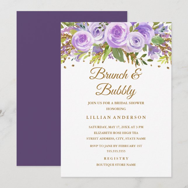 Purple Gold Glitter Floral Rose Brunch And Bubbly Invitation (Front/Back)