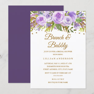 Purple Gold Glitter Floral Rose Brunch And Bubbly Invitation