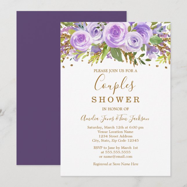Purple Gold Glitter Floral Rose Couples Shower Invitation (Front/Back)