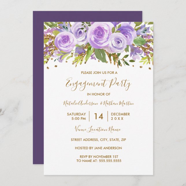 Purple Gold Glitter Floral Rose Engagement Party Invitation (Front/Back)
