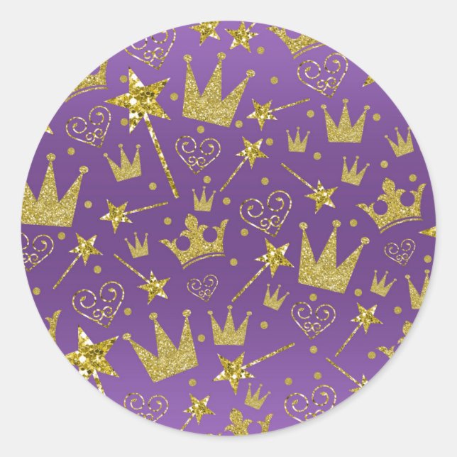 Purple & Gold Glitter Girls Princess Party Classic Round Sticker (Front)
