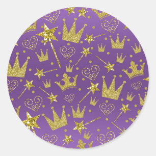 Purple & Gold Glitter Girls Princess Party Classic Round Sticker