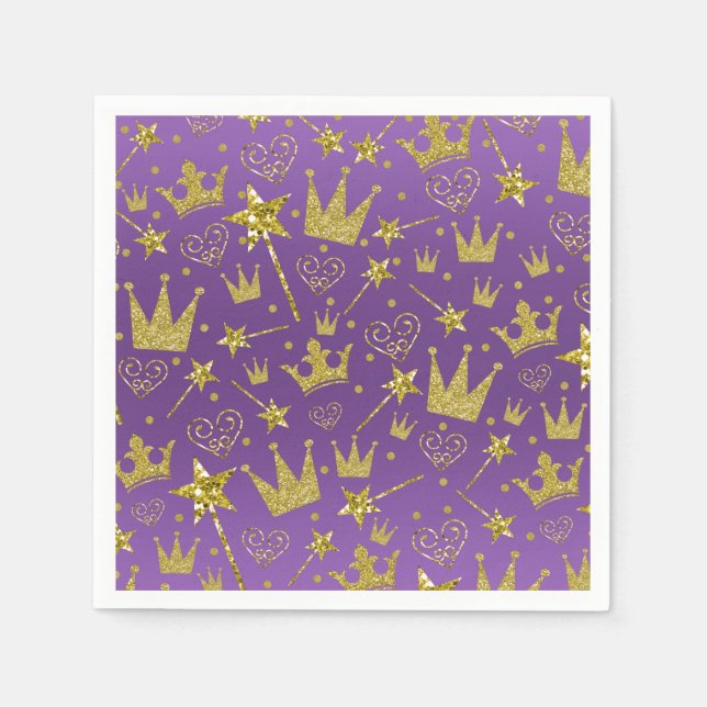 Purple & Gold Glitter Girls Princess Party Napkin (Front)