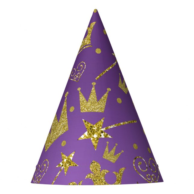 Purple & Gold Glitter Girls Princess Party Party Hat (Front)