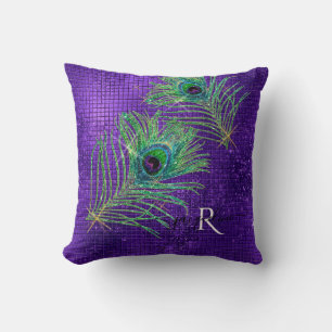 Purple Gold Glitter Girly Modern Peacock Feathers Cushion
