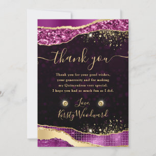 Purple & Gold Glitter Glam Tears Quinceanera Thank You Card