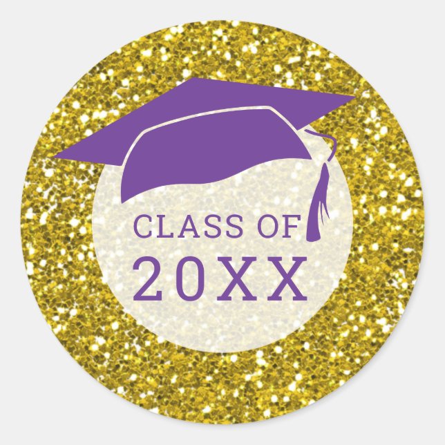 Purple Gold Glitter Graduation Hat Class Of 2022 Classic Round Sticker (Front)