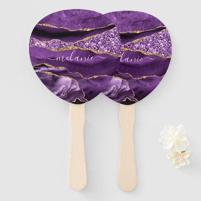 Purple Gold Glitter Hand Fan with Custom Name (Front and Back)