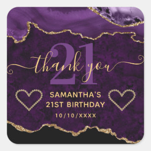 Purple & Gold Glitter Marble Agate Birthday Square Sticker