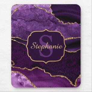 Purple & Gold Glitter Marble Agate Monogram Mouse Mat