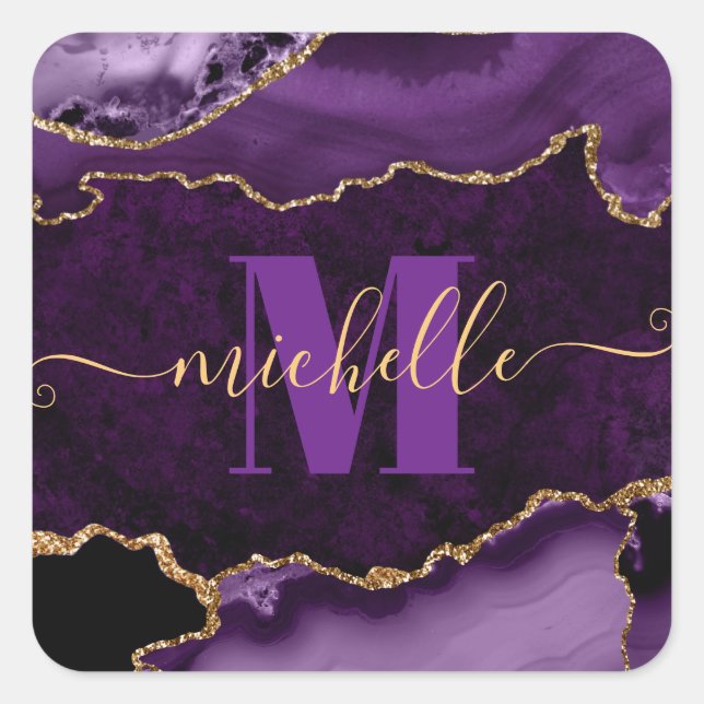Purple & Gold Glitter Marble Agate Monogram Square Sticker (Front)