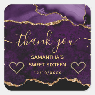 Purple & Gold Glitter Marble Agate Sweet 16 Square Sticker