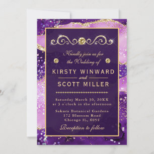 Purple & Gold Glitter Marble Agate Wedding Invitation