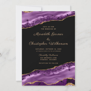 Purple Gold Glitter Marble Agate Wedding Invitation