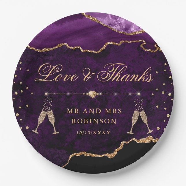 Purple & Gold Glitter Marble Agate Wedding Paper Plate (Front)