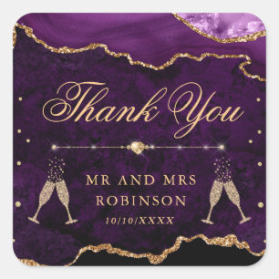 Purple & Gold Glitter Marble Agate Wedding Square Sticker