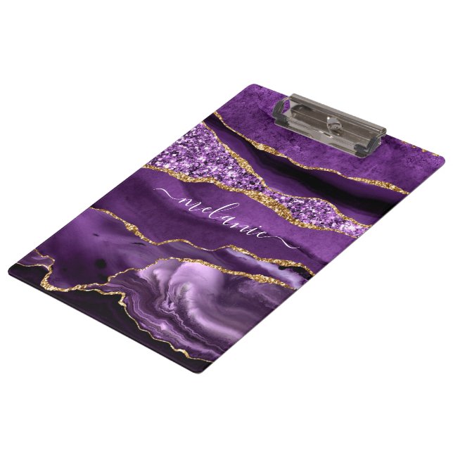 Purple Gold Glitter Marble Clipboard Custom Name (Angled)