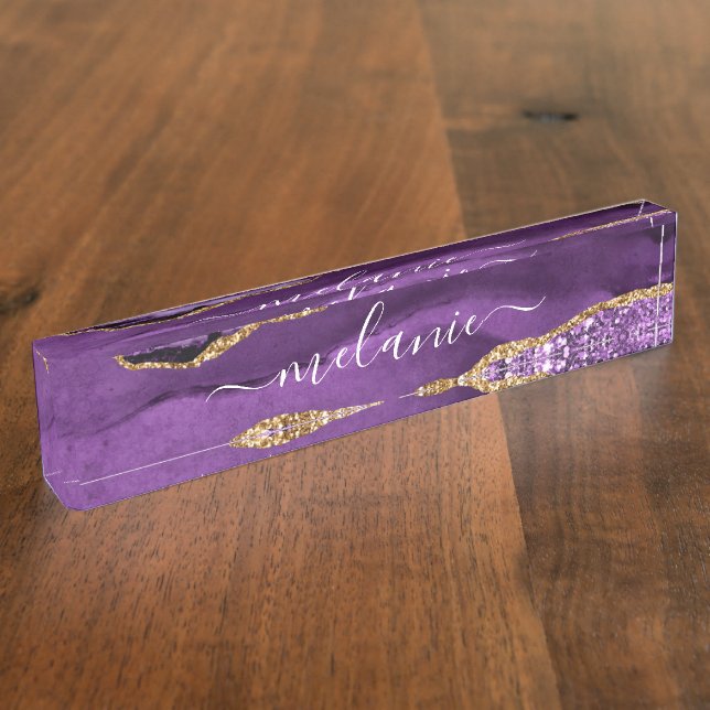 Purple Gold Glitter Marble Custom Desk Name Plate (Side)