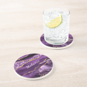 Purple Gold Glitter Marble Custom Name Coaster