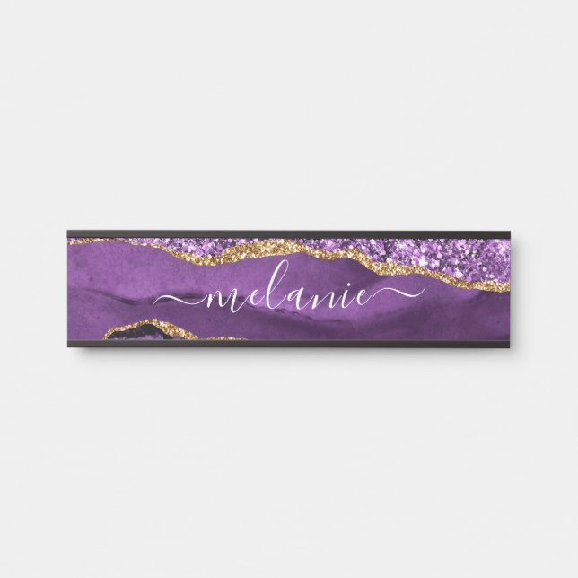 Purple Gold Glitter Marble Custom Name Door Sign (Front)