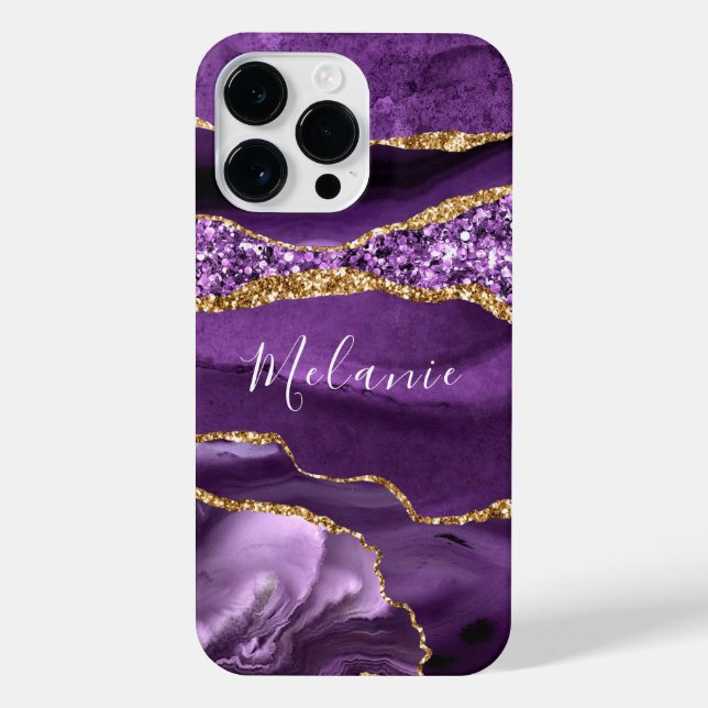 Purple Gold Glitter Marble Custom Name iPhone Case (Back)
