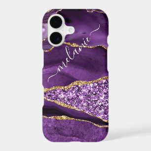 Purple Gold Glitter Marble Custom Name iPhone Case