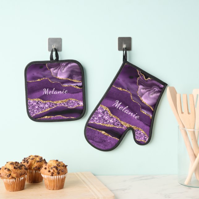 Purple Gold Glitter Marble Custom Name Oven Mitt & Pot Holder Set (Insitu(Hanging))