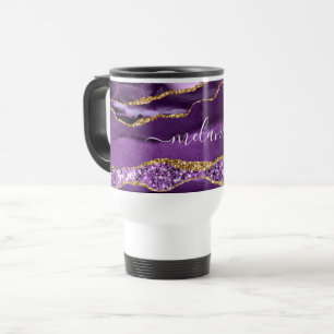 Purple Gold Glitter Marble Custom Name Travel Mug
