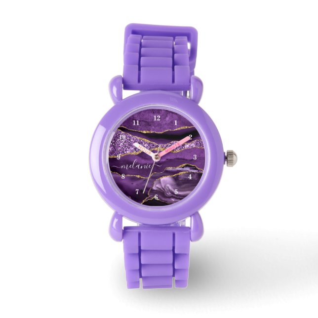 Purple Gold Glitter Marble Custom Name Watch Gift (Front)
