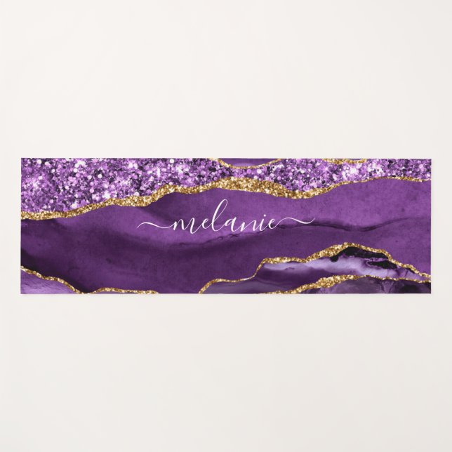 Purple Gold Glitter Marble Custom Name Yoga Mat (Front (Horizontal))