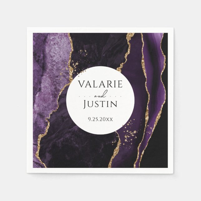 Purple Gold Glitter Marble Wedding  Napkins (Front)