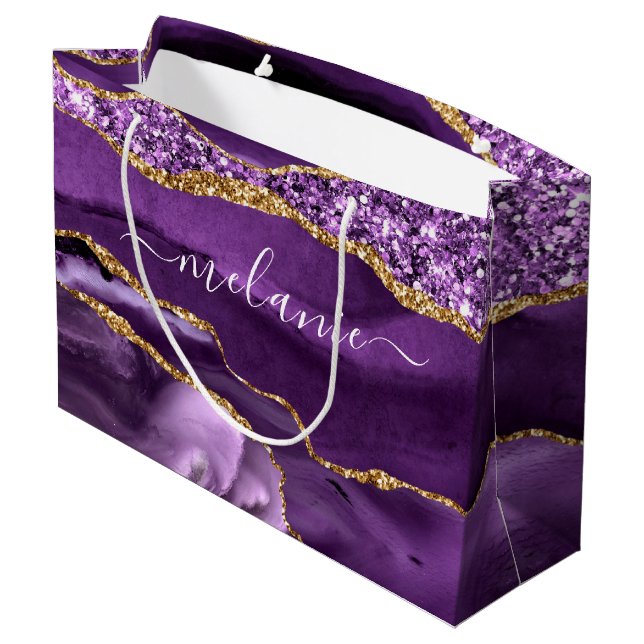 Purple Gold Glitter Marble Your Name Gift Bag (Back Angled)
