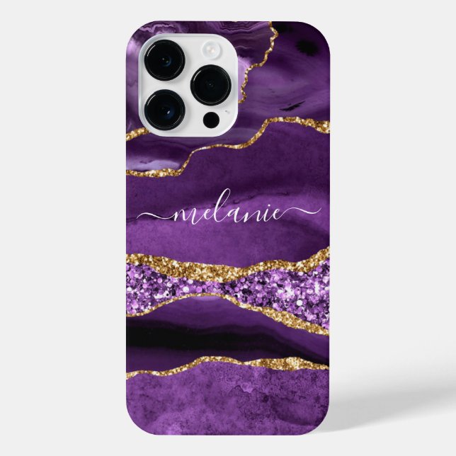 Purple Gold Glitter Marble Your Name iPhone Case (Back)