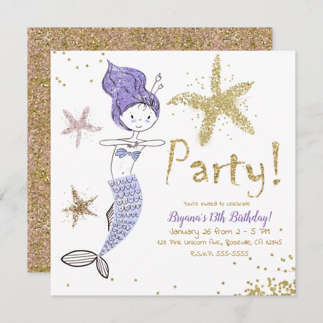 Purple & Gold Glitter Mermaid Birthday Party Invitation (Front/Back)