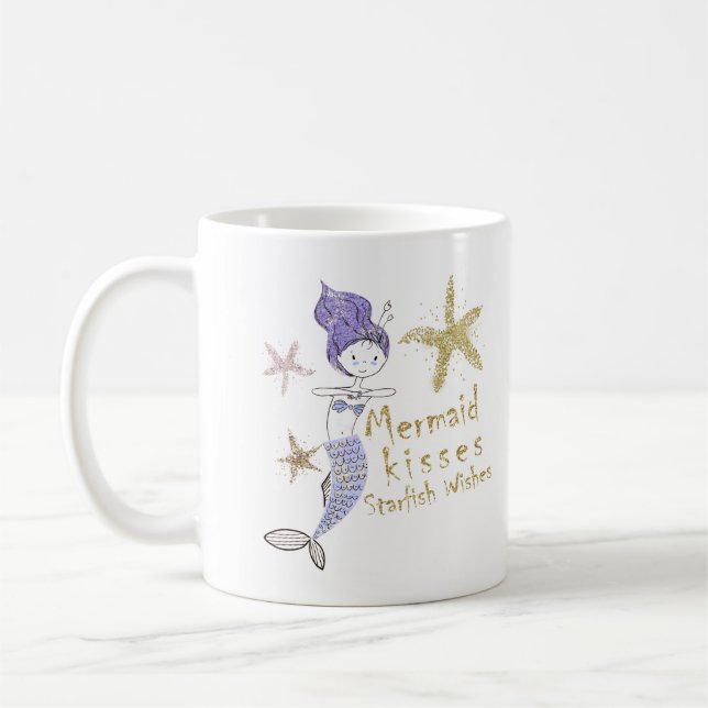 Purple Gold Glitter Mermaid Wishes Starfish Kisses Coffee Mug (Left)