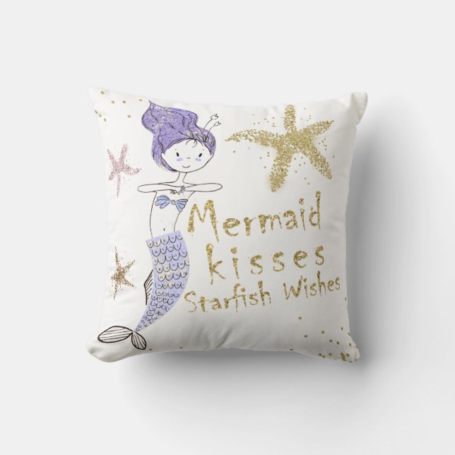 Purple Gold Glitter Mermaid Wishes Starfish Kisses Cushion (Front)