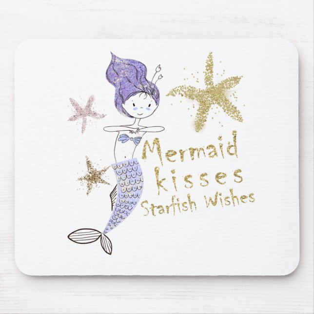 Purple Gold Glitter Mermaid Wishes Starfish Kisses Mouse Mat (Front)