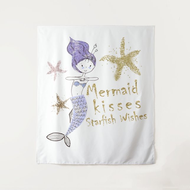 Purple Gold Glitter Mermaid Wishes Starfish Kisses Tapestry (Front)