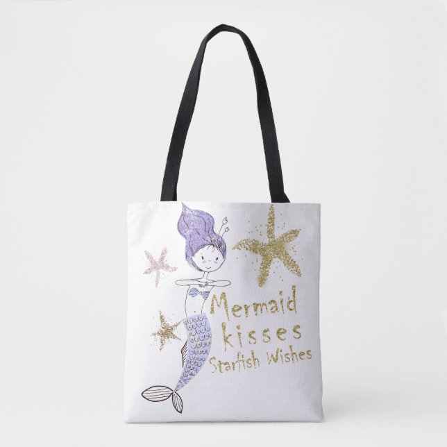Purple Gold Glitter Mermaid Wishes Starfish Kisses Tote Bag (Front)