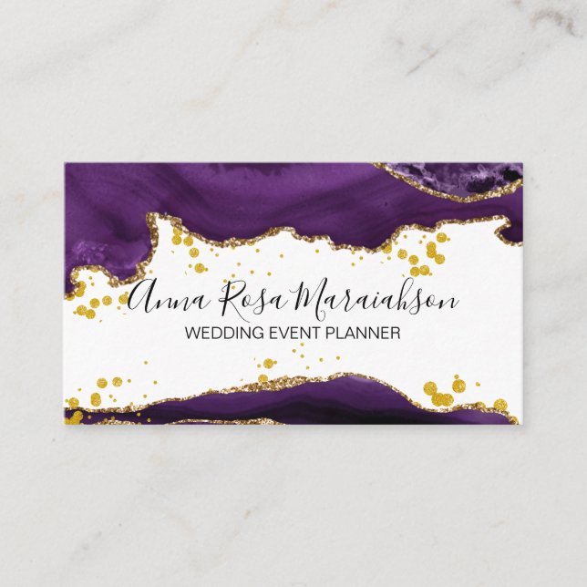 *~* Purple Gold Glitter Modern Elegant Agate Business Card (Front)