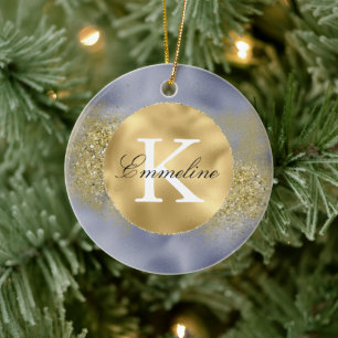 Purple Gold Glitter Monogram Ceramic Tree Decoration