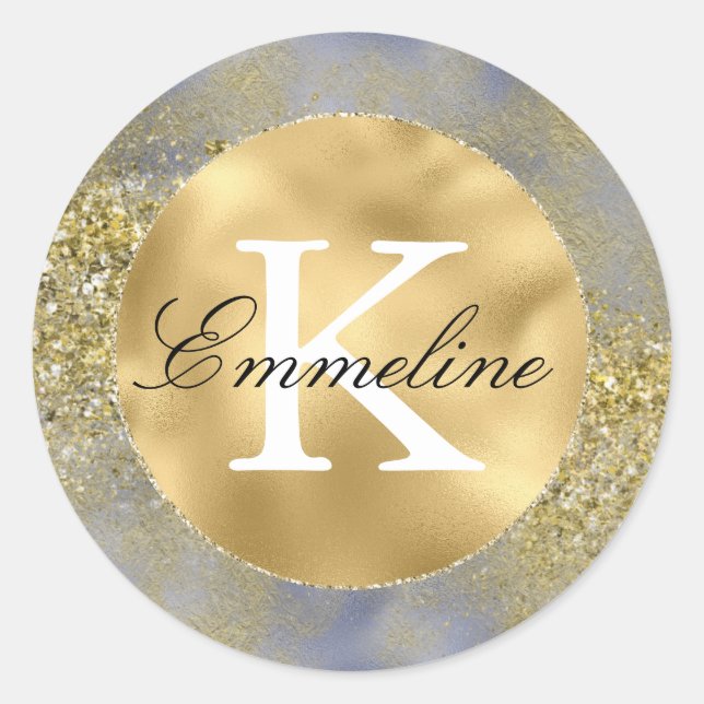 Purple Gold Glitter Monogram    Classic Round Sticker (Front)