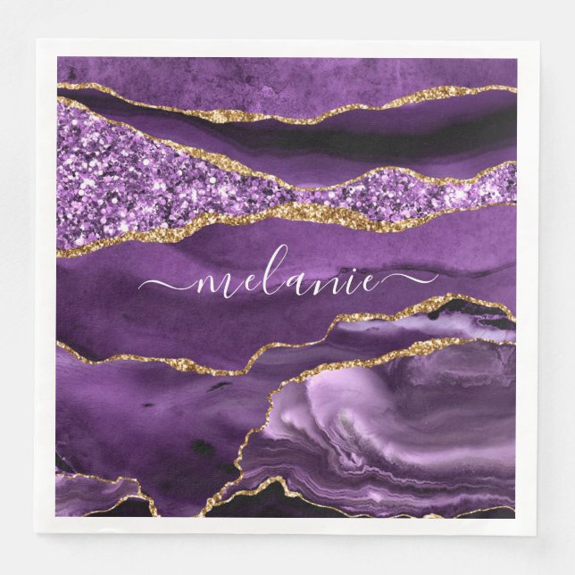 Purple Gold Glitter Napkins Personalised Name (Front)