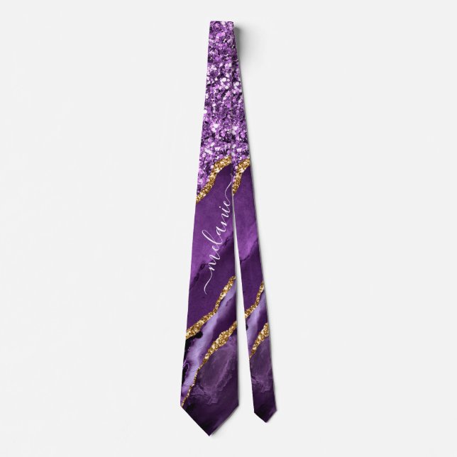Purple Gold Glitter Neck Tie with Custom Name (Front)