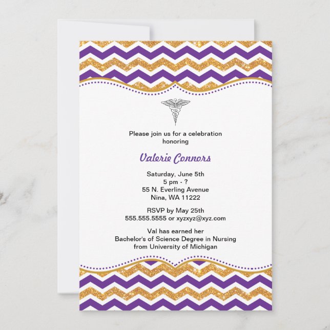 Purple & Gold Glitter Nurse Graduation RN BSN Invitation (Front)
